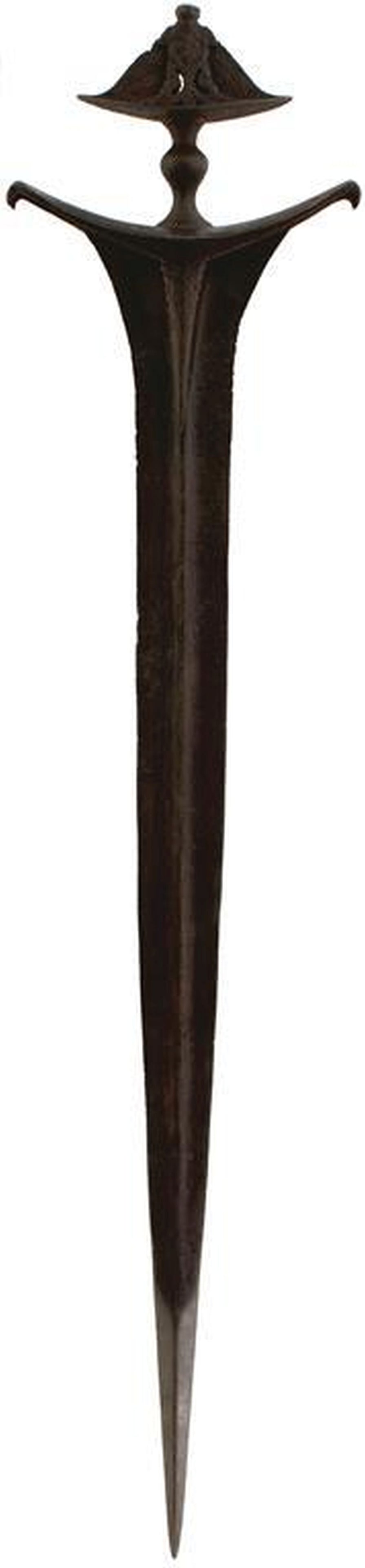 AN INDIAN TEMPLE SWORD OR NAYAR,: AN INDIAN TEMPLE SWORD OR NAYAR, 71.5cm broad blade with reinforced foliate chiselled forte, raised medial ridge to either side, tapering to an armour piercing point, characteristic hilt with broad up