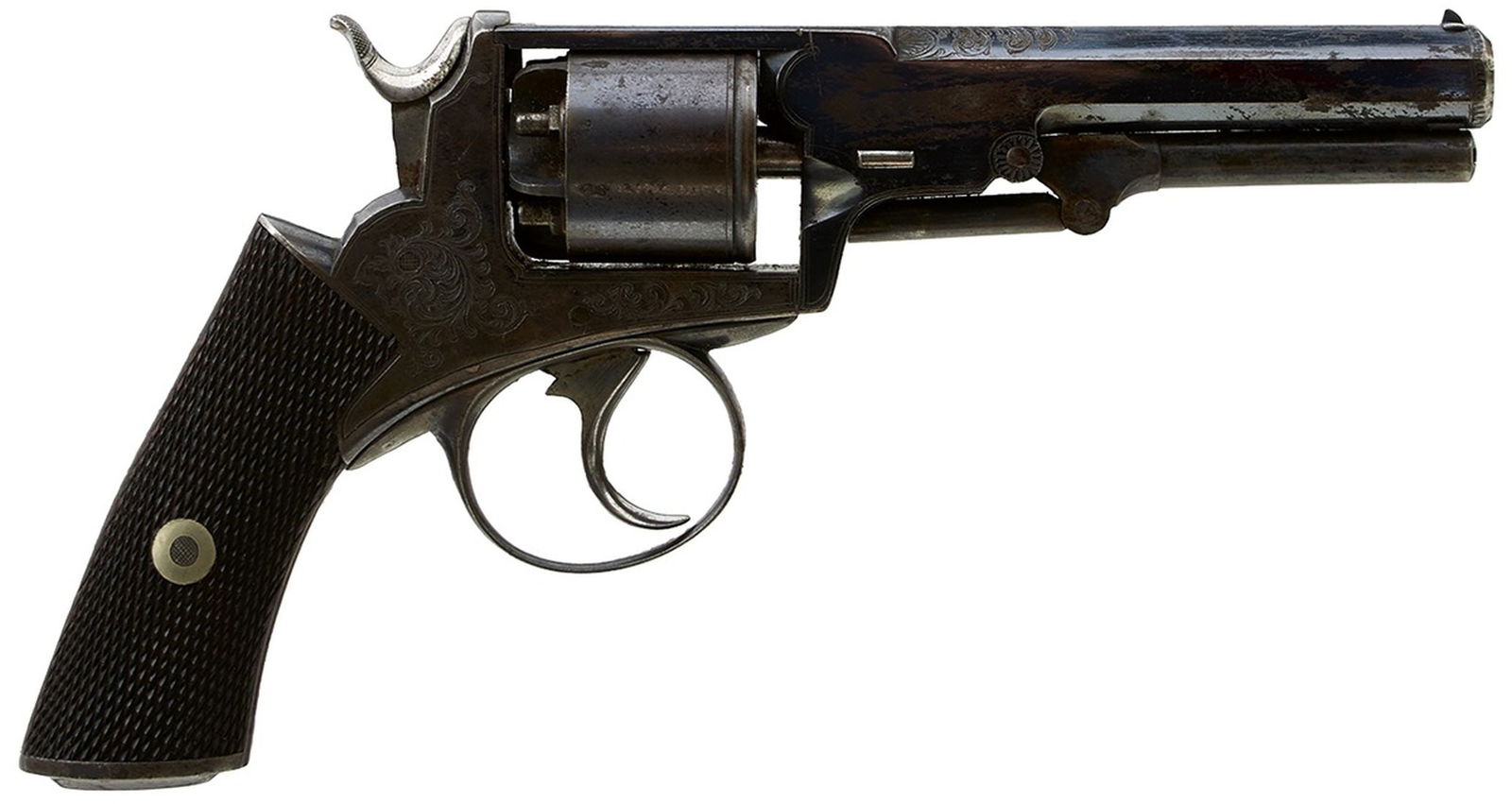 A CLEAN 120-BORE FIVE-SHOT PERCUSSION REVOLVER BY JOSEPH BOURNE,: A CLEAN 120-BORE FIVE-SHOT PERCUSSION REVOLVER BY JOSEPH BOURNE, 4.25inch sighted octagonal blued barrel with border and scroll engraving, blued frame decorated to match, border and scroll engraved bl