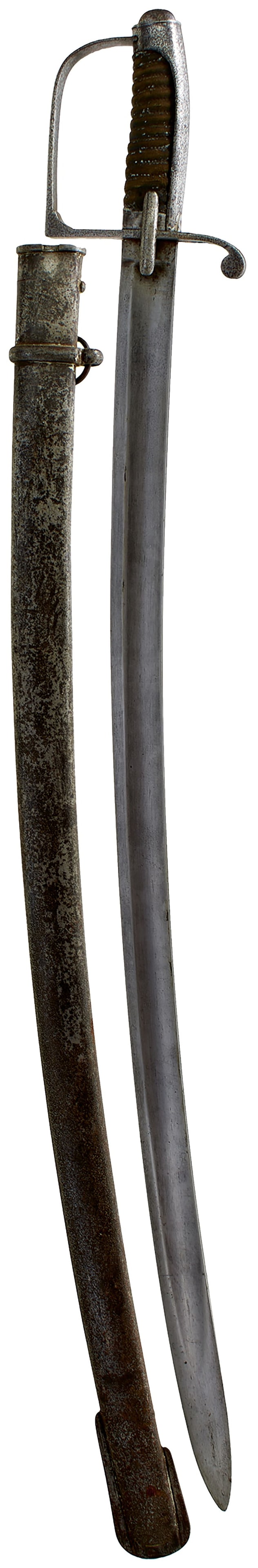 AN ITALIAN 1833 PATTERN HORSE ARTILLERY TROOPER'S SWORD,: AN ITALIAN 1833 PATTERN HORSE ARTILLERY TROOPER'S SWORD, 83cm curved fullered blade, regulation steel hilt with D-shaped knuckle guard, ribbed leather grip, contained in its steel scabbard.
