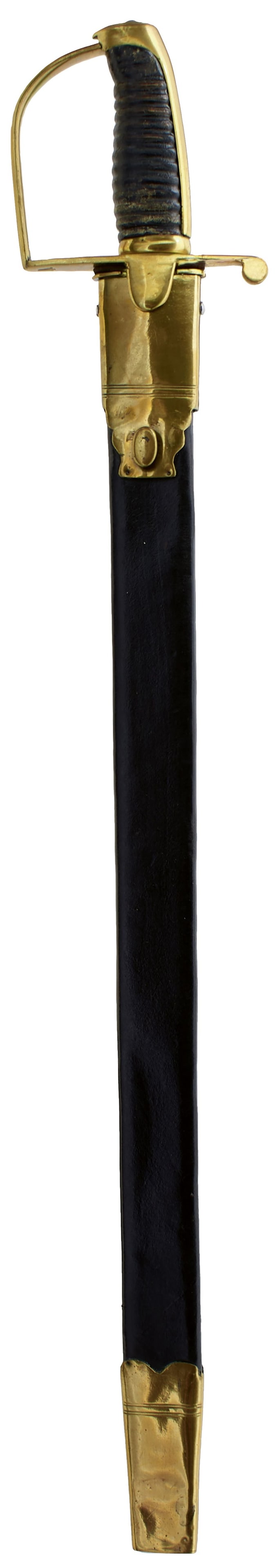 A GEORGIAN ARTILLERY SIDEARM OR SHORT SWORD,: A GEORGIAN ARTILLERY SIDEARM OR SHORT SWORD, 62cm blade stamped with a crown over GR and Ordnance marks, regulation brass hilt with D-shaped knuckle bow, contained in its brass mounted re-leathered sc