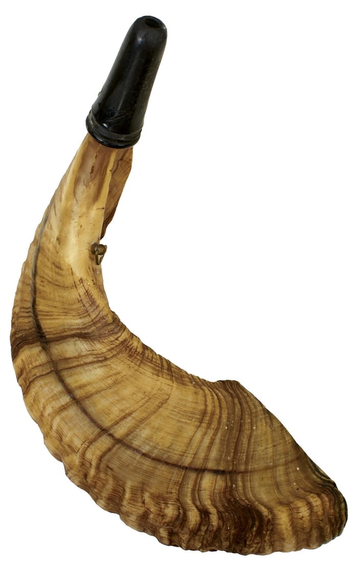 AN UNUSUAL VICTORIAN SCOTTISH POWDER HORN,: AN UNUSUAL VICTORIAN SCOTTISH POWDER HORN, made from a Highland ram's horn, the black horn nozzle unscrewing for loading, wood plug to base, retaining one brass suspension ring but lacking the other, 
