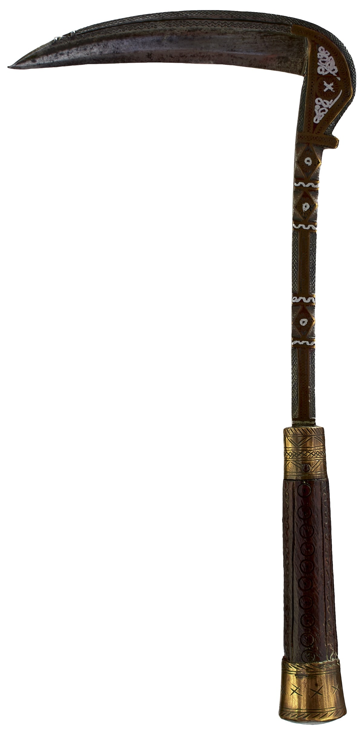 A 19TH CENTURY AFGHAN LOHAR OR AXE,: A 19TH CENTURY AFGHAN LOHAR OR AXE, 15.5cm beak form blade, the upper edge chiselled with geometric designs, the haft decorated to match with white metal and brass inlays, brass mounted wooden grip ca