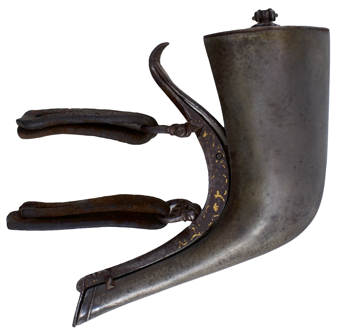 A 19TH CENTURY PERSIAN WOOTZ PRIMING FLASK,: A 19TH CENTURY PERSIAN WOOTZ PRIMING FLASK, the curved angular body with sprung cover contoured to match, with traces of gold damascene highlights, pierced suspension rings with original leather strap