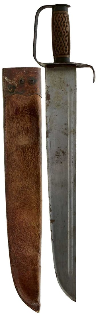 A CONFEDERATE STYLE D-GUARD BOWIE OR CUTLASS,: A CONFEDERATE STYLE D-GUARD BOWIE OR CUTLASS, 47.25cm fullered broad blade, characteristic hilt with D-shaped knuckle guard, oval lower guard with down turned quillon, contained in its stitched and ri