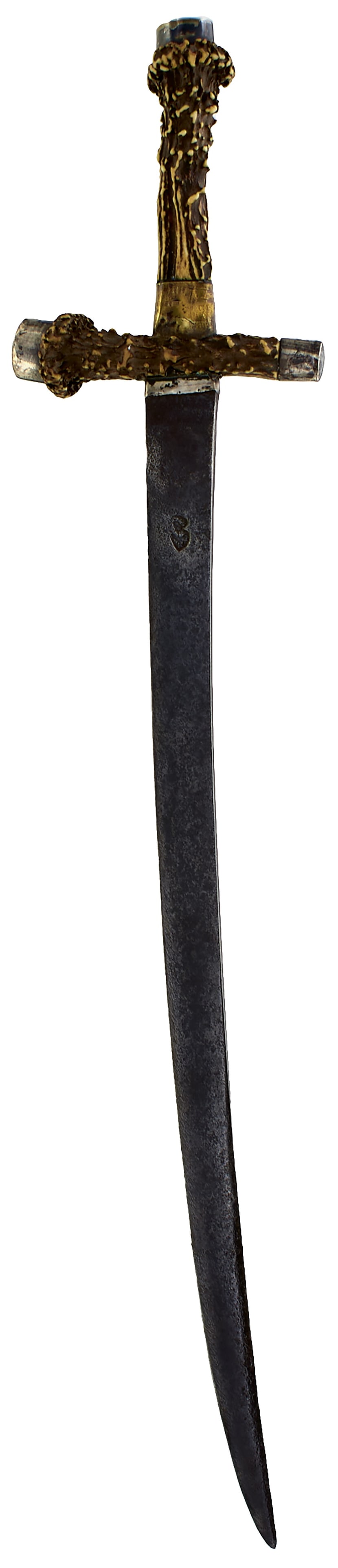 AN ENGLISH ALL STAG'S HORN HILTED HANGER OR SWORD,: AN ENGLISH ALL STAG'S HORN HILTED HANGER OR SWORD, 44cm curved blade struck with a deep Punchinello mark to either side, scarce hilt with the grip and crossguard composed of natural stag's horn with w