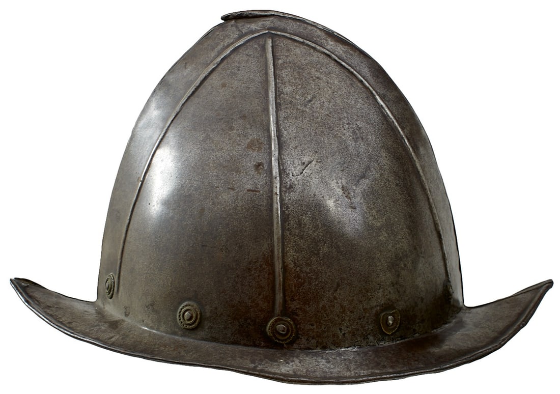 AN UNUSUAL OFFICER'S SPANISH MORION, PROBABLY LATE 16TH CENTURY,: AN UNUSUAL OFFICER'S SPANISH MORION, PROBABLY LATE 16TH CENTURY, constructed in two halves each embossed with three ridges intersecting at the apex, pear stalk finial, broad pointed brim with turned o