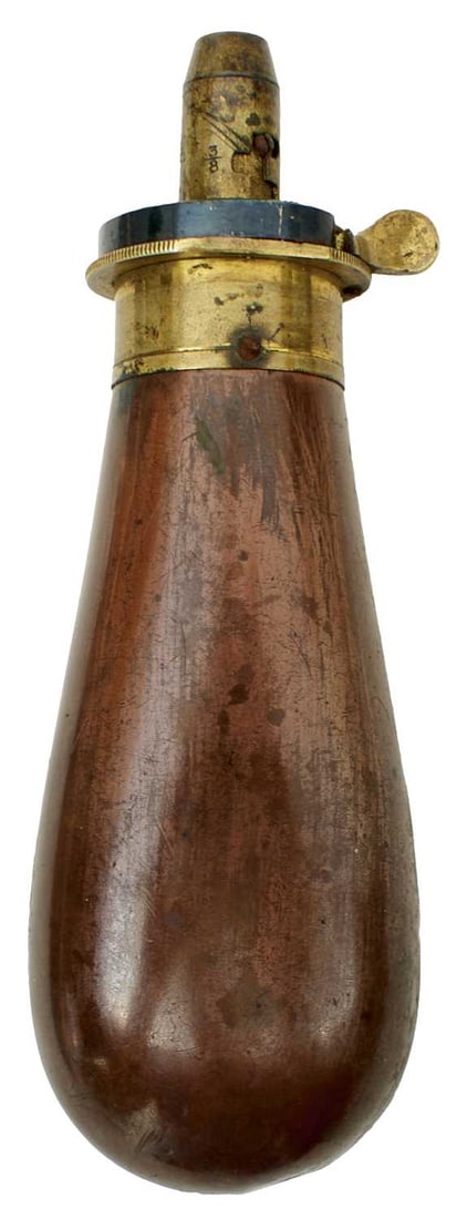 AN ENGLISH BAG SHAPED COLT POWDER FLASK BY BARTRAM,: AN ENGLISH BAG SHAPED COLT POWDER FLASK BY BARTRAM, of the type found with early cased Colt pocket revolvers, retaining some original browned lacquer finish, spring retaining the majority of bright bl