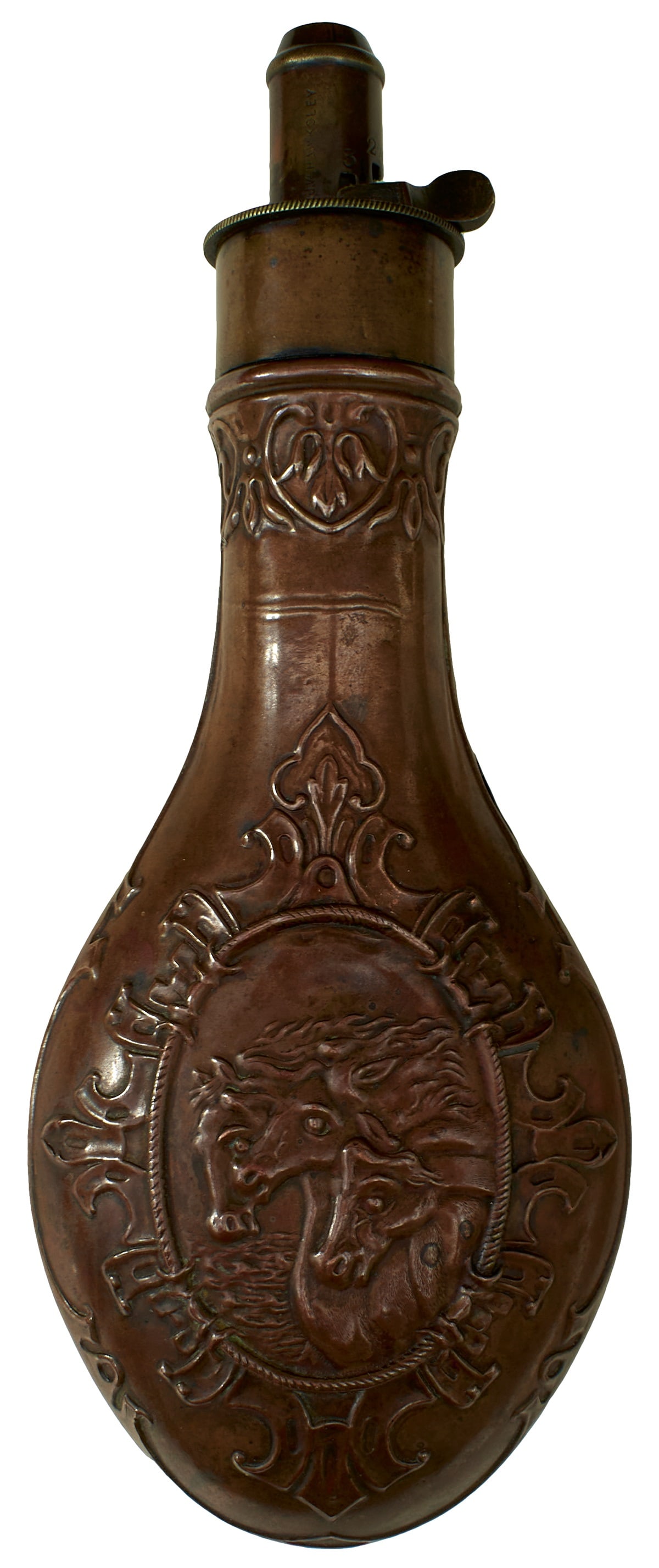A PHARAOH'S HORSES EMBOSSED POWDER FLASK,: A PHARAOH'S HORSES EMBOSSED POWDER FLASK, the copper body embossed with acanthus and scrolls and a vignette to either side containing a trio of horses, the brass top marked HAWKSLEY. Spring damaged.