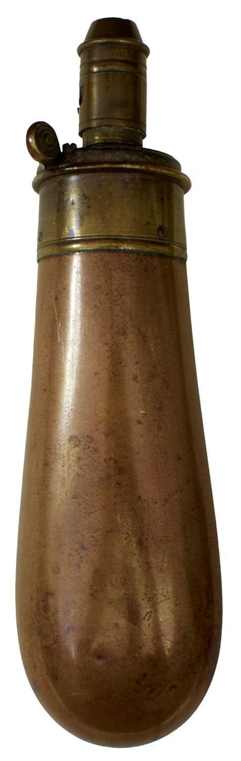 A LARGE BAG SHAPED COPPER POWDER FLASK,: A LARGE BAG SHAPED COPPER POWDER FLASK, for a big bore rifle, maker's name G & J.W. Hawksley, Sheffield, 17cm long.