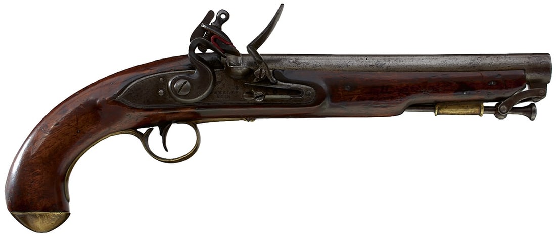 A SCARCE .650 CALIBRE CANADIAN INDIAN CONTRACT FLINTLOCK PISTOL BY WHEELER & SON,: A SCARCE .650 CALIBRE CANADIAN INDIAN CONTRACT FLINTLOCK PISTOL BY WHEELER & SON, 9inch barrel with ordnance proofs, border engraved lock stamped WHEELER & SON and bearing an ordnance stamp, full 