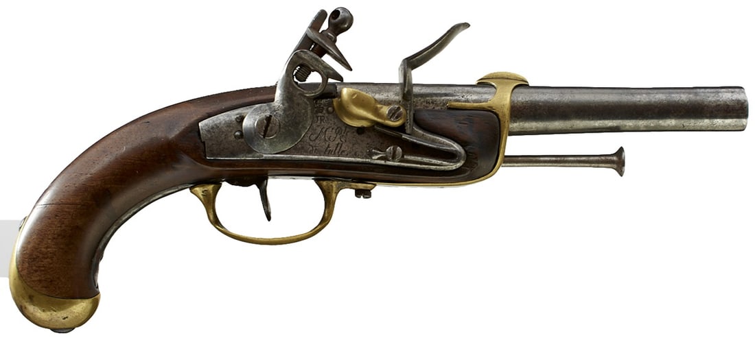 AN M1799 2ND MODEL FLINTLOCK NAVAL PISTOL,: AN M1799 2ND MODEL FLINTLOCK NAVAL PISTOL, 7.5inch barrel, the lock marked M Rle de Tulle, belt hook fitted to the left side. Light pitting on barrel and backstrap. See Armes de Poing Militaires Franc