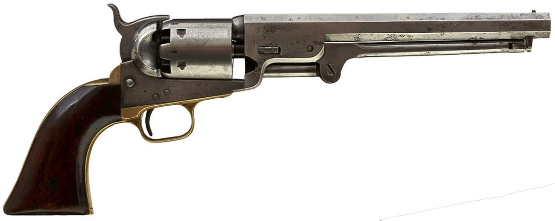 A .36 CALIBRE SIX-SHOT PERCUSSION LONDON COLT NAVY REVOLVER,: A .36 CALIBRE SIX-SHOT PERCUSSION LONDON COLT NAVY REVOLVER, 7.5inch sighted octagonal barrel stamped with the manufacturer's details, the left side with London proof marks rack no. 798 beneath a smal