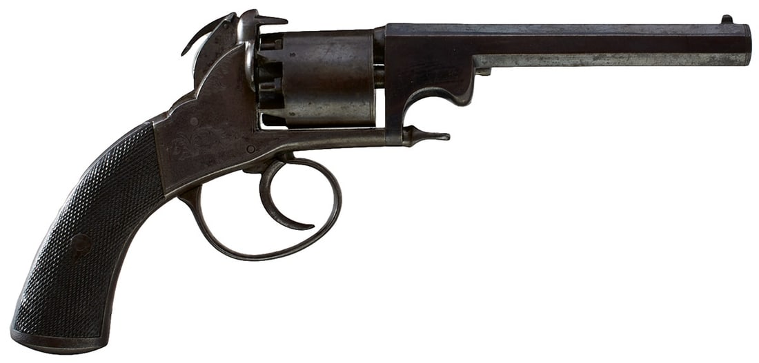 AN 80-BORE FIVE-SHOT PERCUSSION OPEN FRAMED REVOLVER BY BLANCH,: AN 80-BORE FIVE-SHOT PERCUSSION OPEN FRAMED REVOLVER BY BLANCH, 5inch sighted octagonal blued barrel, border engraved cylinder with traces of blued finish, border and scroll engraved frame, the hammer