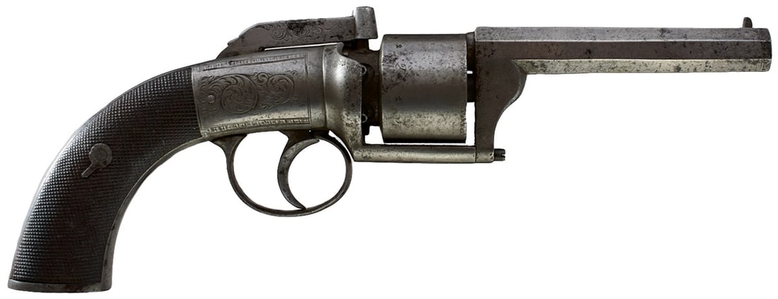 A 90-BORE SIX-SHOT PERCUSSION TRANSITIONAL REVOLVER BY MICHAEL OF BRISTOL,: A 90-BORE SIX-SHOT PERCUSSION TRANSITIONAL REVOLVER BY MICHAEL OF BRISTOL, 3.75inch sighted octagonal barrel engraved with the maker's details, border and scroll engraved rounded action, chequered two