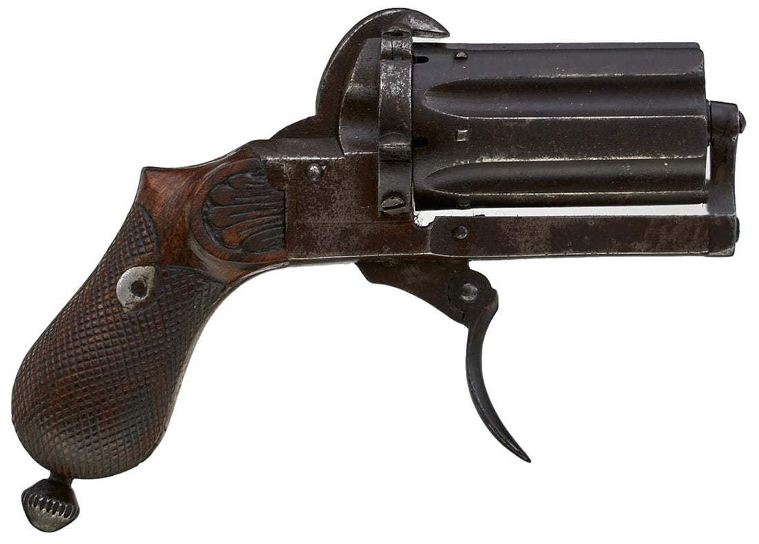 A 5MM SIX-SHOT PINFIRE PEPPERBOX REVOLVER,: A 5MM SIX-SHOT PINFIRE PEPPERBOX REVOLVER, 2inch fluted barrels, plain frame folding trigger, chequered and shaped two-piece varnished wooden grips, the butt with ejector rod.