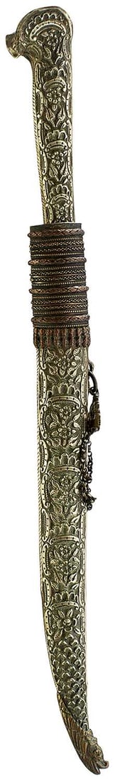 A 19TH CENTURY TURKISH OTTOMAN KARD OR DAGGER,: A 19TH CENTURY TURKISH OTTOMAN KARD OR DAGGER, 23.5cm blade inlaid with scrolling foliage and stylised text in yellow metals, characteristic white metal hilt embossed with foliage and flower heads, sh