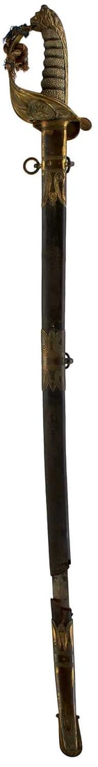 A VICTORIAN NAVAL OFFICER'S SWORD,: A VICTORIAN NAVAL OFFICER'S SWORD, 78cm slightly curved fullered blade etched with scrolling foliage, crowned Royal arms and crowned fouled anchor, taped about the tip, regulation copper gilt gothic h