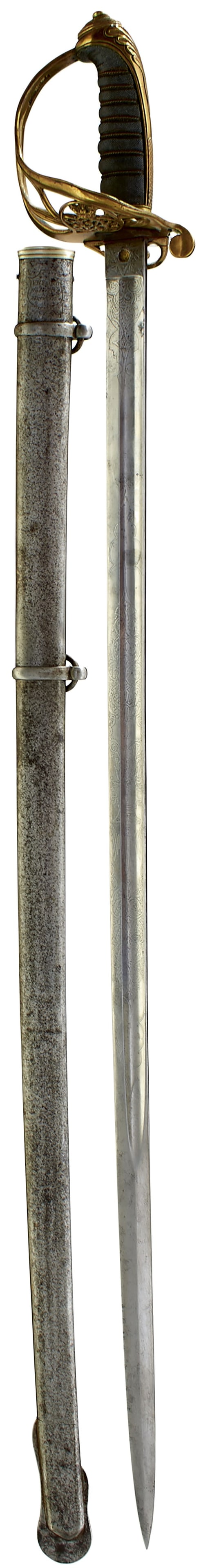 AN 1822 PATTERN INFANTRY OFFICER'S SWORD,: AN 1822 PATTERN INFANTRY OFFICER'S SWORD, 82cm curved fullered blade etched with scrolling foliage, crowned VR cyphers and a maker's panel for Flight of Winchester, regulation brass gothic hilt incorp
