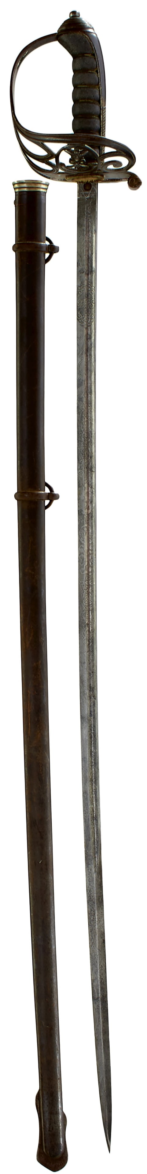 AN 1822 PATTERN LIGHT INFANTRY OFFICER'S LEVEE SWORD,: AN 1822 PATTERN LIGHT INFANTRY OFFICER'S LEVEE SWORD, 81cm slightly curved fullered blade etched with scrolling foliage, strung bugle horn, crowned VR cypher and owner's initials, GJB, regulation pier