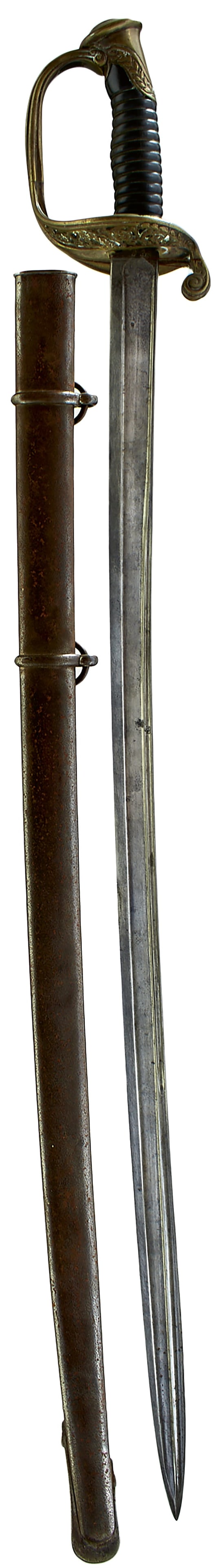 A 19TH CENTURY FRENCH CRIMEAN WAR PERIOD INFANTRY OFFICER'S SWORD,: A 19TH CENTURY FRENCH CRIMEAN WAR PERIOD INFANTRY OFFICER'S SWORD, 77.25cm curved fullered blade dated 1855 on the back edge, regulation pierced brass hilt, ribbed horn grip, in its steel scabbard