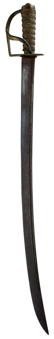 A BRITISH INFANTRY HANGER,: A BRITISH INFANTRY HANGER, 69cm curved fullered blade, characteristic brass two-bar hilt with D-shaped knuckle guard and single scroll support, the pommel cap incised 73, ribbed fishskin covered woode