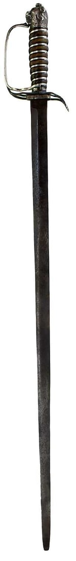 AN ENGLISH SILVER HILTED OFFICER'S SLOTTED HILT HANGER,: AN ENGLISH SILVER HILTED OFFICER'S SLOTTED HILT HANGER, 71cm grey stained blade with traces of etched decoration, characteristic hallmarked silver hilt, 1762, one bar lacking, the inside of the D-shap
