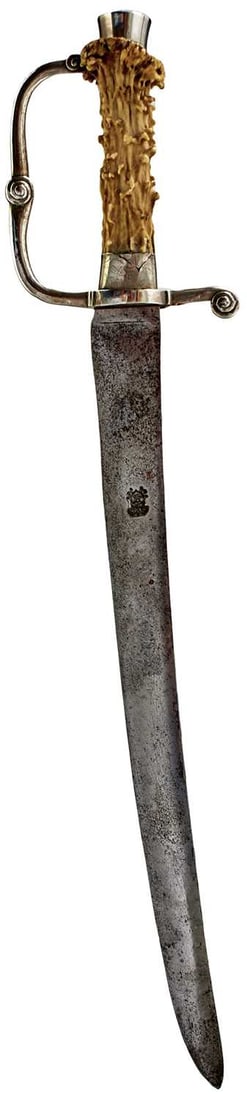 AN 18TH CENTURY SILVER HILTED HUNTING HANGER,: AN 18TH CENTURY SILVER HILTED HUNTING HANGER, 34.5cm curved blade with struck with a deep king's head stamp to either side, characteristic silver hilt with D-shaped knuckle guard, silver collar and po