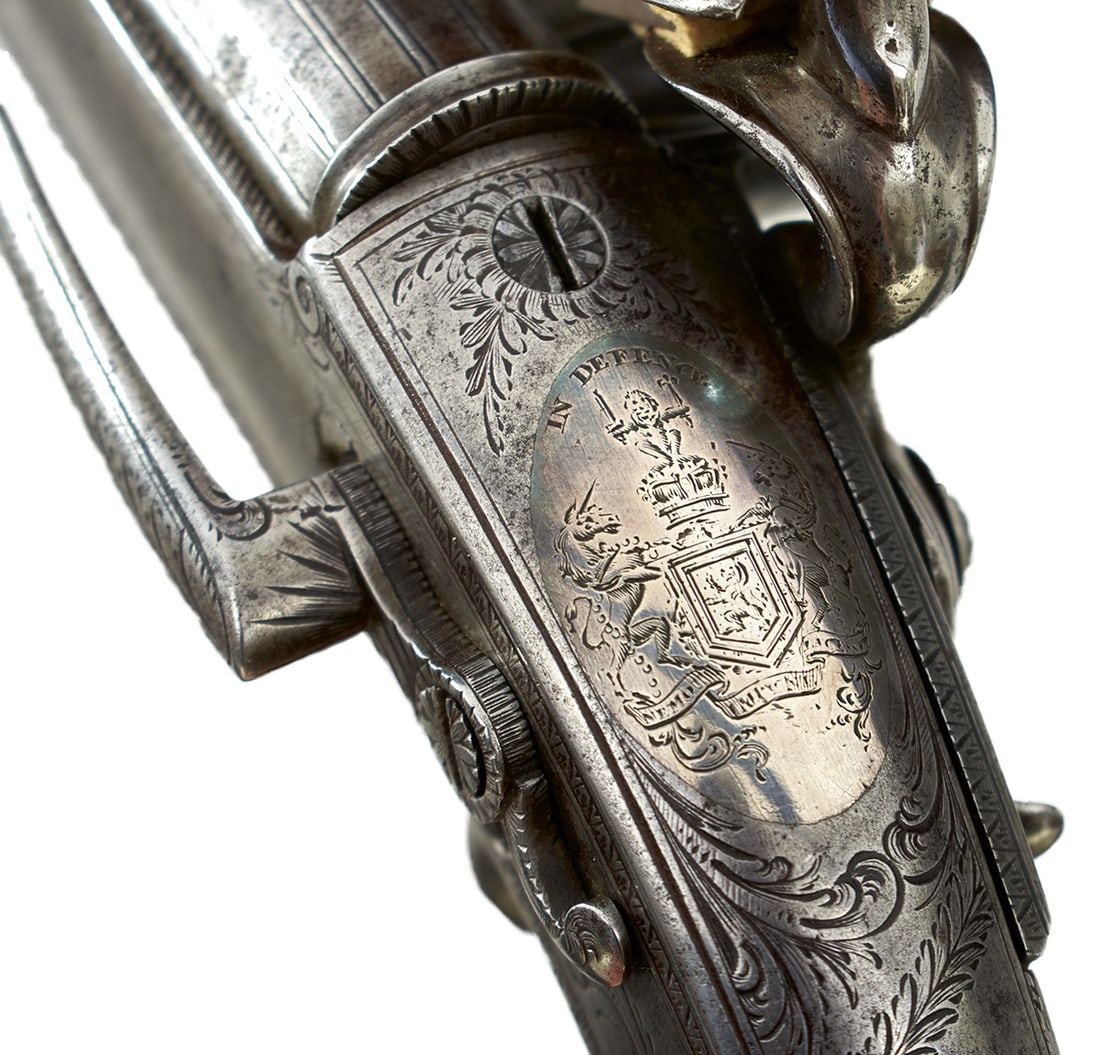 A 32-BORE FLINTLOCK ALL STEEL SCOTTISH BELT PISTOL BY MACBEATH,: A 32-BORE FLINTLOCK ALL STEEL SCOTTISH BELT PISTOL BY MACBEATH, 7inch tapering three-stage barrel with faceted breach and flared muzzle, the centre section engraved KING JAMES & SCOTLAND and NO UN