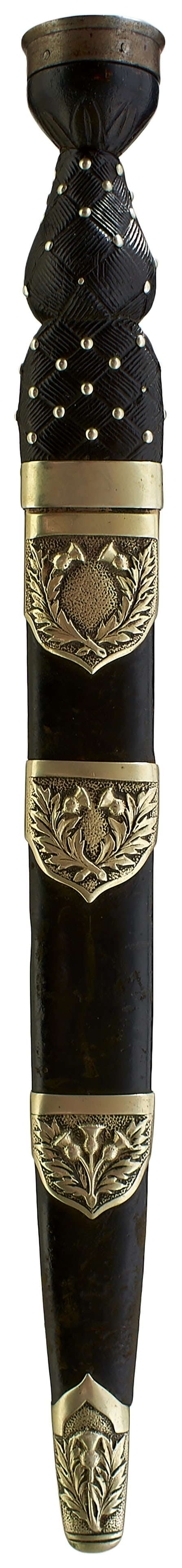 A BOER WAR PERIOD SCOTTISH PIPER'S DIRK,: A BOER WAR PERIOD SCOTTISH PIPER'S DIRK, 30.5cm blade by Robert Mole with faceted back edge and decorated with scrolling foliage and thistles, various Ordnance stamps and dated 1900, regulation white