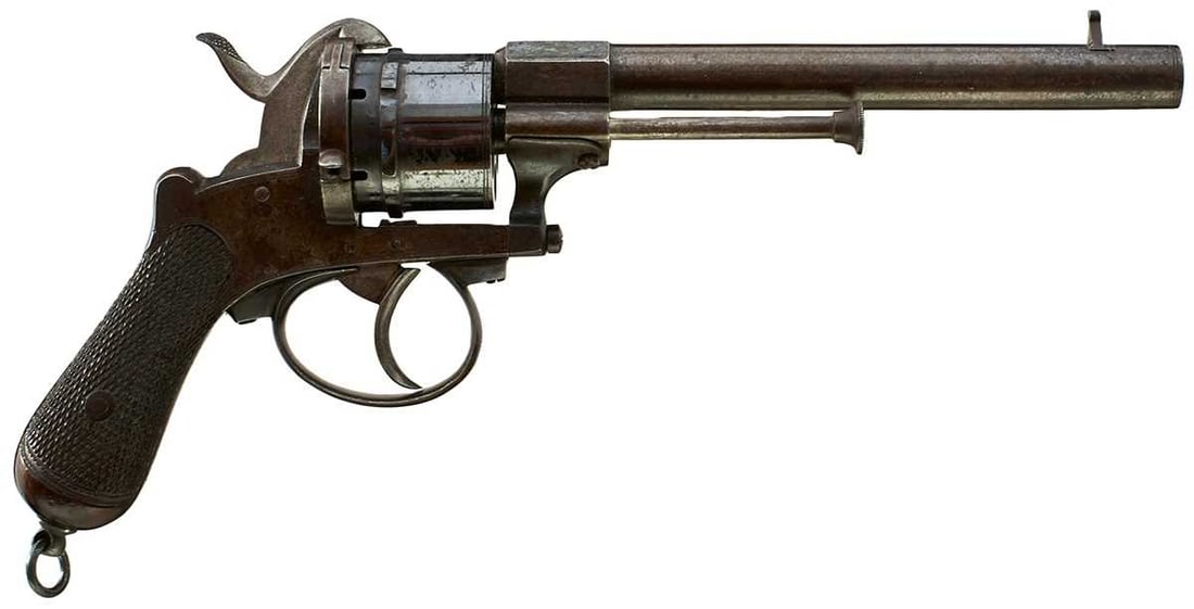 A 10MM SIX-SHOT PINFIRE REVOLVER,: 6inch sighted barrel, Birmingham proof marks to the underside, border engraved blued cylinder, border engraved frame with traces of blued finish, two-piece chequered wooden grips, complete with origin