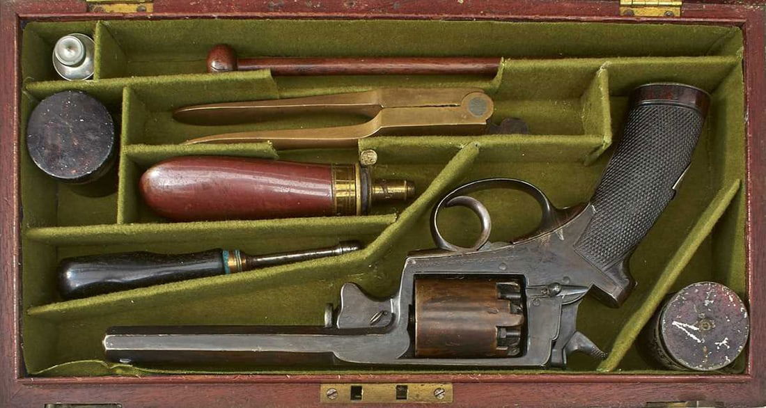A CASED 54-BORE FIVE-SHOT PERCUSSION BEAUMONT ADAMS REVOLVER,: 6inch sighted octagonal barrel engraved with the manufacturer's details for Robert Adams, border engraved bolted frame engraved with the serial no. 100030C, chequered wooden grip applied with a shield