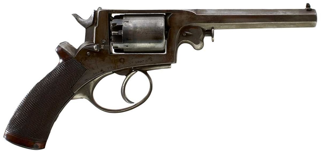 A 54-BORE FIVE-SHOT PERCUSSION BEAUMONT ADAMS REVOLVER,: 5.5inch sighted barrel engraved with the manufacturer's details for Robert Adams, the cylinder engraved with the serial no. 40073, this matching on the border engraved frame, chequered wooden grip.