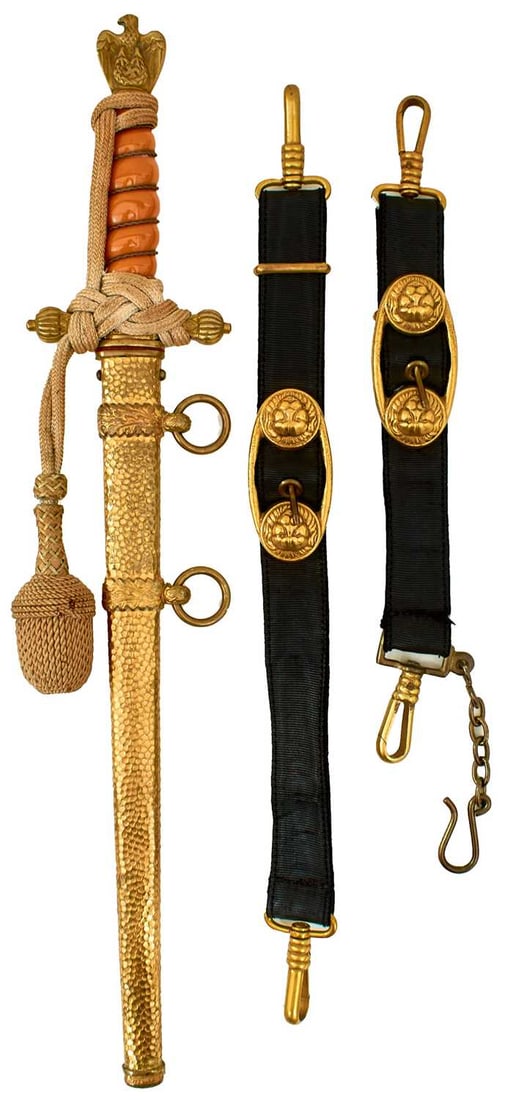 A THIRD REICH NAVAL OFFICER'S DAGGER ENSEMBLE,: A THIRD REICH NAVAL OFFICER'S DAGGER ENSEMBLE, 25cm clean double fullered blade by Holler, etched with scrolling foliage, fouled anchor and sailing ships, regulation gilt hilt with eagle pommel, wire
