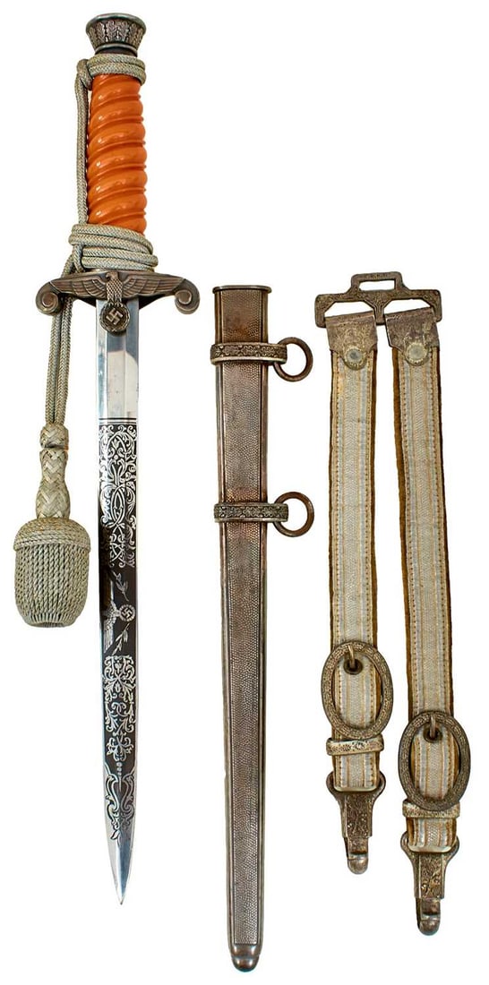 A RARE THIRD REICH DELUXE BLADED ARMY OFFICER'S DAGGER,: A RARE THIRD REICH DELUXE BLADED ARMY OFFICER'S DAGGER, 25.5cm flattened diamond section blade by Ernst Pack, etched with a panel of scrolling foliage ton one side and the German eagle and foliage on