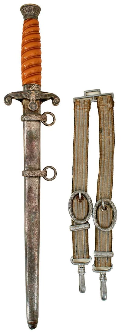 A THIRD REICH ARMY OFFICER'S DAGGER,: A THIRD REICH ARMY OFFICER'S DAGGER, 25.5cm flattened diamond section blade by Horster, regulation plated hilt with orange celluloid grip, in its plated steel scabbard, complete with hanging straps.