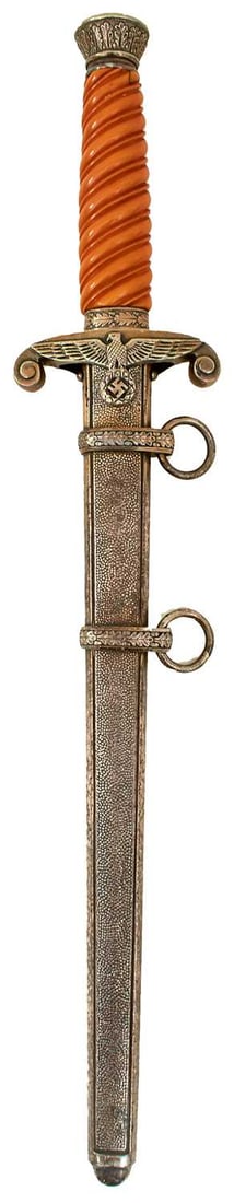 A THIRD REICH ARMY OFFICER'S DAGGER,: A THIRD REICH ARMY OFFICER'S DAGGER, 25.5cm flattened diamond section blade by Horster, regulation plated hilt with orange celluloid grip, in its plated steel scabbard.