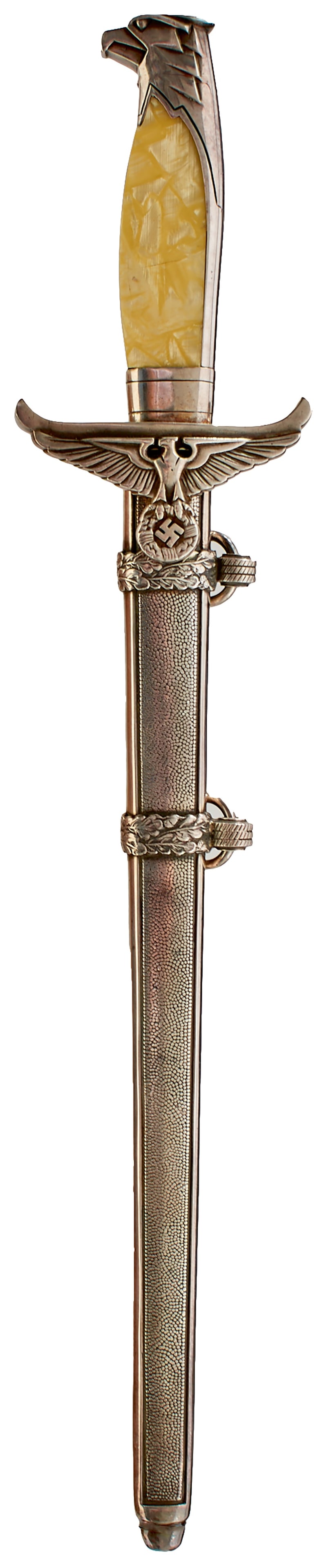 A THIRD REICH GOVERNMENT OFFICIALS DAGGER,: A THIRD REICH GOVERNMENT OFFICIALS DAGGER, 26cm flattened diamond section blade by WKC, regulation plated hilt with flat mother of pearl grips and eagle pommel, in its stippled steel scabbard.