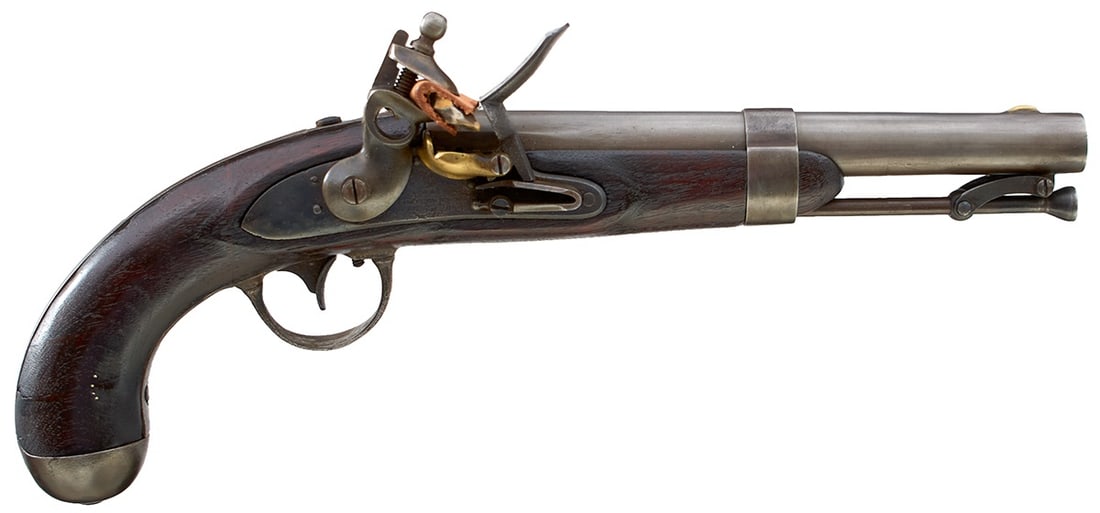 (97 MJN) 1333-104 AN AMERICAN .540 CALIBRE FLINTLOCK MODEL 1836 SERVICE PISTOL,: (97 MJN) 1333-104 AN AMERICAN .540 CALIBRE FLINTLOCK MODEL 1836 SERVICE PISTOL, 8.5inch sighted barrel stamped JCS at the breech, stepped and bevelled lock stamped A. WATERS MILBURY MS. 1837, half sto