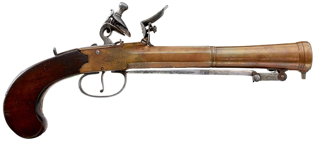 A 5-BORE FLINTLOCK BRASS BAYONET BLUNDERBUSS PISTOL BY WHEELER,: A 5-BORE FLINTLOCK BRASS BAYONET BLUNDERBUSS PISTOL BY WHEELER, 7.5inch two-stage barrel with flared ring turned muzzle, fitted with an under sprung bayonet released by the sliding trigger guard, ramr