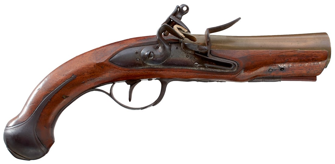 A SCARCE ELLIPTICAL BARRELLED BLUNDERBUSS PISTOL,: A SCARCE ELLIPTICAL BARRELLED BLUNDERBUSS PISTOL, 5inch flared brass barrel with elliptical muzzle and engraved London, bevelled lock, full stocked with Continental style mounts to include trigger gua