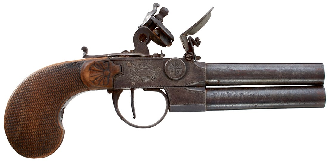 AN 80-BORE FLINTLOCK OVER AND UNDER RIFLED POCKET PISTOL BY BAKER,: AN 80-BORE FLINTLOCK OVER AND UNDER RIFLED POCKET PISTOL BY BAKER, 3.25inch turn-off damascus barrels, border and foliate engraved boxlock action signed Baker London, sliding safety, chequered Contine