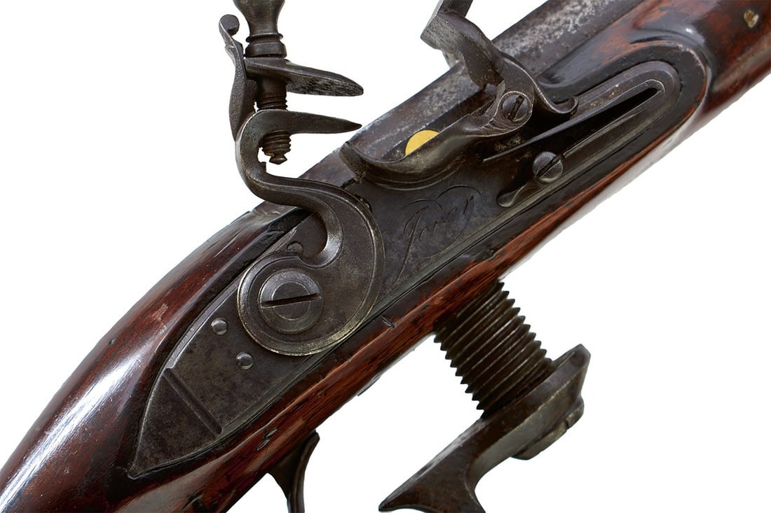 A RARE 20-BORE FLINTLOCK FERGUSON PATENT BREECH LOADING DEER OR PARK RIFLE BY JOVER,: A RARE 20-BORE FLINTLOCK FERGUSON PATENT BREECH LOADING DEER OR PARK RIFLE BY JOVER, 37inch sighted rifled barrel, the top face of the threaded breech plug engraved with a flower head, border engraved