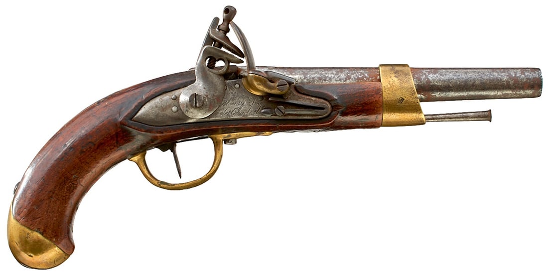 A .700 CALIBRE FRENCH MODEL AN XIII FLINTLOCK SERVICE PISTOL,: A .700 CALIBRE FRENCH MODEL AN XIII FLINTLOCK SERVICE PISTOL, 8inch barrel, stamped M'an 13 on the tang, various partial inspection stamps to the breech, 13 X S, stepped and bevelled lock engraved Man