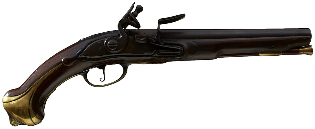 AN 18TH CENTURY .690 CALIBRE CONTINENTAL FLINTLOCK SERVICE PISTOL,: AN 18TH CENTURY .690 CALIBRE CONTINENTAL FLINTLOCK SERVICE PISTOL, 9.75inch barrel, stepped lock stamped with a crown over a shield, full stocked with brass mounts, scrolling sideplate, later brass to