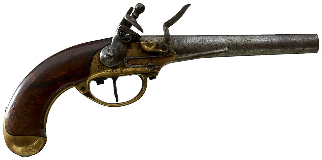 A .700 CALIBRE FRENCH MODEL 1777/86 FLINTLOCK SERVICE PISTOL,: A .700 CALIBRE FRENCH MODEL 1777/86 FLINTLOCK SERVICE PISTOL, 7.5inch barrel stamped 82 to the left side of the breech and 1777 on the tang, the rounded brass action marked Maubeuge in script and stam