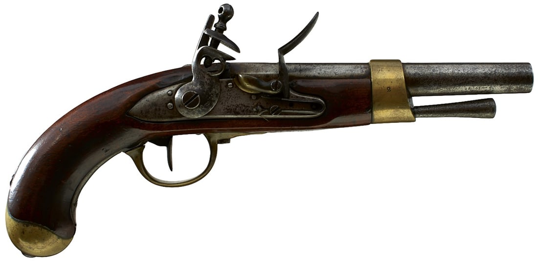 A .700 CALIBRE FRENCH MODEL ANXIII FLINTLOCK SERVICE PISTOL,: A .700 CALIBRE FRENCH MODEL ANXIII FLINTLOCK SERVICE PISTOL, 7.9inch barrel, faint inspection mark to the breech, stepped and bevelled lock marked Mre. in script and stamped with a crowned S, half sto