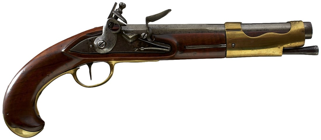 A .700 CALIBRE CONTINENTAL FLINTLOCK SERVICE PISTOL,: A .700 CALIBRE CONTINENTAL FLINTLOCK SERVICE PISTOL, 9.25inch sighted two-stage barrel, stepped lock, full stocked with regulation brass mounts, iron ramrod.