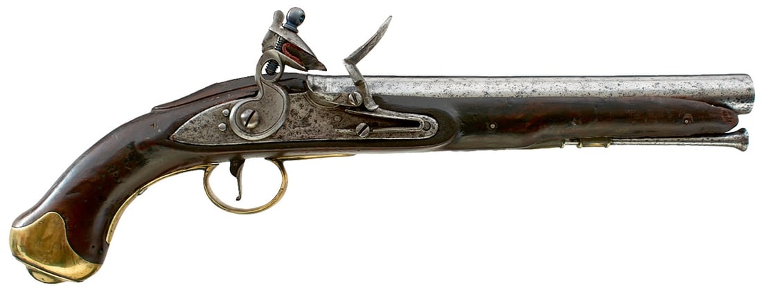 A .650 CALIBRE FLINTLOCK MODEL 1794 LIGHT DRAGOON SERVICE PISTOL,: A .650 CALIBRE FLINTLOCK MODEL 1794 LIGHT DRAGOON SERVICE PISTOL, 9.25inch barrel, border engraved lock faintly stamped with a crown over GR and TOWER across the tail, full stocked with regulation bra