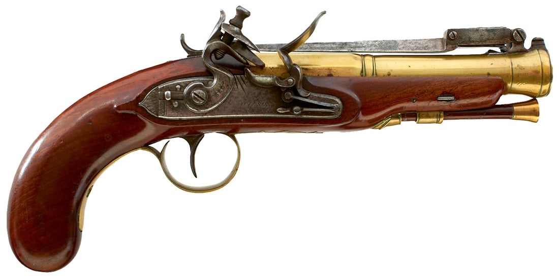 A FLINTLOCK BAYONET BLUNDERBUSS PISTOL BY WILSON,: A FLINTLOCK BAYONET BLUNDERBUSS PISTOL BY WILSON, 6inch three-stage brass cannon barrel engraved LONDON on the top flat, top sprung bayonet released with a catch on the barrel tang, border engraved st