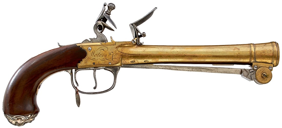 A SCARCE PAIR OF 18TH CENTURY FLINTLOCK WATERS PATENT BLUNDERBUSS PISTOLS,: A SCARCE PAIR OF 18TH CENTURY FLINTLOCK WATERS PATENT BLUNDERBUSS PISTOLS, 7inch brass barrels with flared ring turned muzzles, undersprung bayonets released by the secondary triggers, brass topped wo